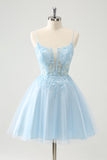 Cute Sparkly Blue A Line Sequins Corset Short Homecoming Dress with Lace Up Back