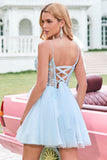 Cute A Line Spaghetti Straps Corset Short Blush Homecoming Dress with Appliques