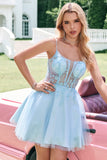 Cute A Line Spaghetti Straps Corset Short Blush Homecoming Dress with Appliques