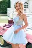 Cute A Line Spaghetti Straps Corset Short Blush Homecoming Dress with Appliques