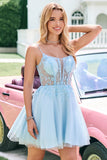 Cute A Line Spaghetti Straps Corset Short Blush Homecoming Dress with Appliques