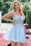 Cute A Line Spaghetti Straps Corset Short Blush Homecoming Dress with Appliques