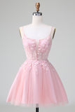 Cute Blush A Line Spaghetti Straps Corset Short Homecoming Dress with Appliques