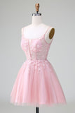 Cute Blush A Line Spaghetti Straps Corset Short Homecoming Dress with Appliques