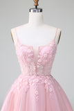 Cute Blush A Line Spaghetti Straps Corset Short Homecoming Dress with Appliques