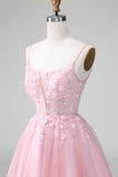 Cute Blush A Line Spaghetti Straps Corset Short Homecoming Dress with Appliques