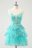 Cute Sparkly Green A Line Spaghetti Straps Corset Tiered Short Homecoming Dress