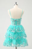 Sparkly Green A Line Spaghetti Straps Corset Tiered Cute Homecoming Dress