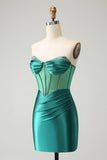 Unique Dark Green Sweetheart Pleated Corset Short  Tight Homecoming Dress with Beading