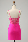 Stylish Fuchsia Bodycon Lace Up Back Beaded Corset Short Homecoming Dress with Slit