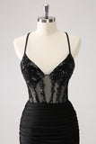 Sparkly Unique Black Tight Spaghetti Straps Sequin Homecoming Dress with Lace Up Back