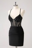 Sparkly Unique Black Tight Spaghetti Straps Sequin Homecoming Dress with Lace Up Back