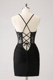 Sparkly Unique Black Tight Spaghetti Straps Sequin Homecoming Dress with Lace Up Back