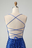 Stylish Royal Blue Sheath Criss Cross Back Short Homecoming Dress with Sequins