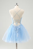 Sparkly Blue A Line Spaghetti Straps Sequin Short Homecoming Dress with Lace Up Back