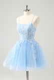 Sparkly Blue A Line Spaghetti Straps Sequin Short Homecoming Dress with Lace Up Back