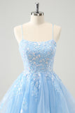 Sparkly Blue A Line Spaghetti Straps Sequin Short Homecoming Dress with Lace Up Back