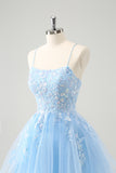 Sparkly Blue A Line Spaghetti Straps Sequin Short Homecoming Dress with Lace Up Back