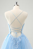 Sparkly Blue A Line Spaghetti Straps Sequin Short Homecoming Dress with Lace Up Back