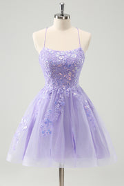 Sparkly Lilac A Line Spaghetti Straps Sequin Short Homecoming Dress with Lace Up Back