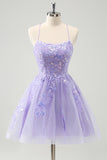 Sparkly Lilac A Line Lace Up Back Sequin Short Homecoming Dress with Appliques