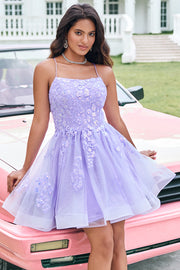 Sparkly Lilac A Line Lace Up Back Sequin Short Homecoming Dress with Appliques