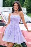 Sparkly Lilac A Line Lace Up Back Sequin Short Homecoming Dress with Appliques