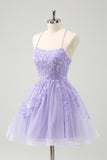 Sparkly Lilac A Line Spaghetti Straps Sequin Short Homecoming Dress with Lace Up Back