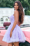 Sparkly Lilac A Line Lace Up Back Sequin Short Homecoming Dress with Appliques