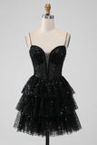 Sparkly Black A Line Spaghetti Straps Tiered Short Homecoming Dress with Sequins