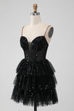 Sparkly Black A Line Spaghetti Straps Tiered Short Homecoming Dress with Sequins