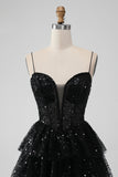 Sparkly Black A Line Spaghetti Straps Tiered Short Homecoming Dress with Sequins