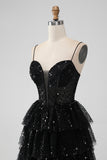 Sparkly Black A Line Spaghetti Straps Tiered Short Homecoming Dress with Sequins