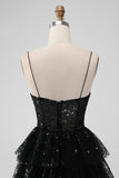 Sparkly Black A Line Spaghetti Straps Tiered Short Homecoming Dress with Sequins