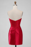 Sparkly Red Bodycon Strapless Pleated Corset Short Homecoming Dress With Beading