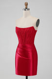 Sparkly Red Bodycon Strapless Pleated Corset Short Homecoming Dress With Beading