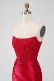 Sparkly Red Bodycon Strapless Pleated Corset Short Homecoming Dress With Beading