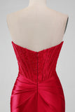 Sparkly Red Bodycon Strapless Pleated Corset Short Homecoming Dress With Beading