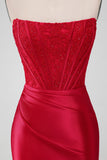 Sparkly Red Bodycon Strapless Pleated Corset Short Homecoming Dress With Beading