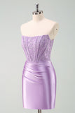 Stylish Purple Bodycon Pleated Beaded Corset Short Homecoming Dress