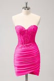 Glitter Fuchsia Tight Sweetheart Corset Short Pleated Homecoming Dress with Beading