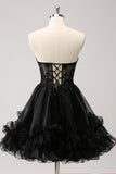 Sparkly Black A Line Sweetheart Corset Beaded Homecoming Dress with Lace Up Back