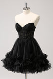 Sparkly Black A Line Sweetheart Corset Beaded Homecoming Dress with Lace Up Back