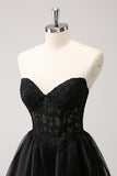 Sparkly Black A Line Sweetheart Corset Beaded Homecoming Dress with Lace Up Back