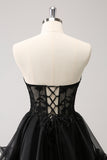 Sparkly Black A Line Sweetheart Corset Beaded Homecoming Dress with Lace Up Back