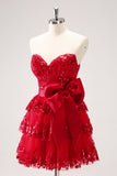 Sparkly Red A Line Sweetheart Corset Tiered Ruffle Homecoming Dress with Bows