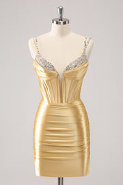 Gorgeous Golden Bodycon Corset Short Metallic Homecoming Dress with Sequins