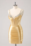 Gorgeous Golden Bodycon Corset Short Metallic Homecoming Dress with Sequins