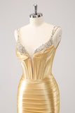 Gorgeous Golden Bodycon Corset Short Metallic Homecoming Dress with Sequins