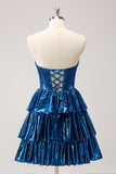 Sparkly Peacock Blue A Line Sweetheart Corset Tiered Metallic Homecoming Dress with Lace Up Back